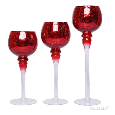 Hosley Set of 3 Red Crackle Glass Tealight Candle Holders