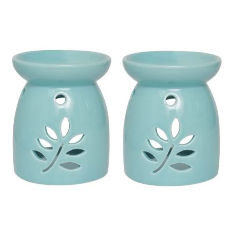 Hosley Set of 2, Blue Ceramic Oil Warmer with Leaf Pattern - Use with Tealight Candles