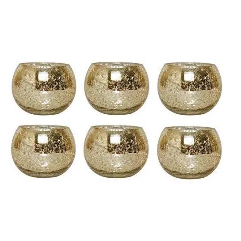 Hosley Set of 6, Gold Crackle Glass Tealight Candle Holders 3.94 Inch Diameter