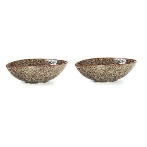 Hosley Set of 2, Decorative Oval Ceramic Bowl Peacock Feather Pattern 14.5" Long