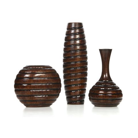 Hosley Set of 3 Carved Wood Vases