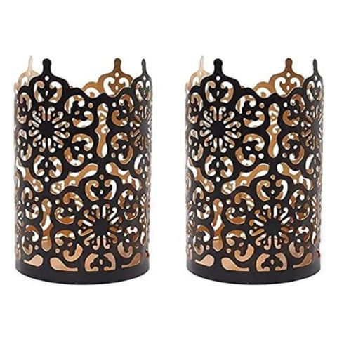 Hosley's Set of 2, Flower 7" High Cut Bronze Candle Holder & Lantern