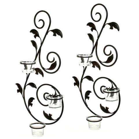Hosley Set of 2, Black Metal Leaf Design Tealight Candle Wall Sconces