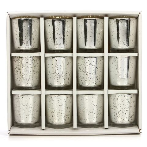 Hosley's Set of 12, Metallic Glass, Speckled Silver Finish Votive / Tealight Candle Holder