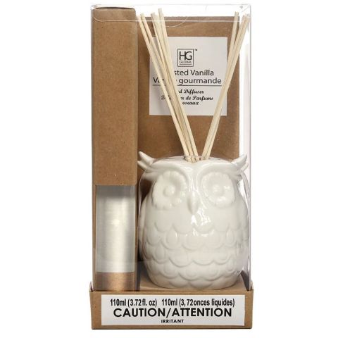 Hosley Aromatherapy Vanilla Diffuser Oil with Ceramic Owl Farmhouse Bottle and Reed Sticks