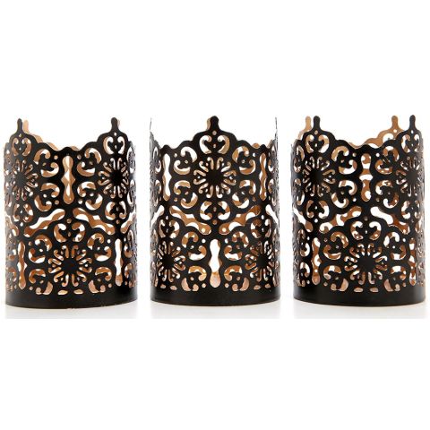 Hosley Set of 3, Black Finish Metal Lattice Cut Candle Sleeve