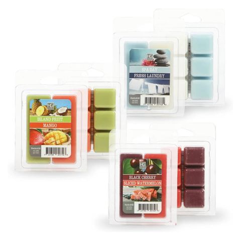 Hosley Set of 6 Assorted Wax Cubes Melts 2.5 Ounce Each. Fragrances Include Spa Day/Fresh Laundry, Black Cherries/Sliced Watermelon, and Island Fruit/Mango
