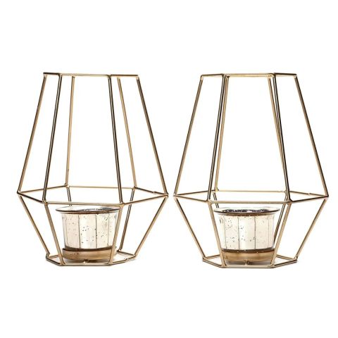 Hosley Set of 2, Gold Metal Lantern with Metallic Gold Glass Tealight Candle Holders