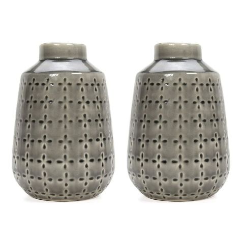 Hosley Set of 2, Grey Textured Ceramic Vases - 7.25" High