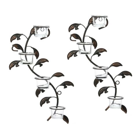 Hosley Set of 2, Metal Leaf Tealight Candle Wall Art Sconce