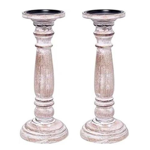 Hosley's Set of 2, White Wash Distress Wooden Pillar Candle Holder - 12 Inch High