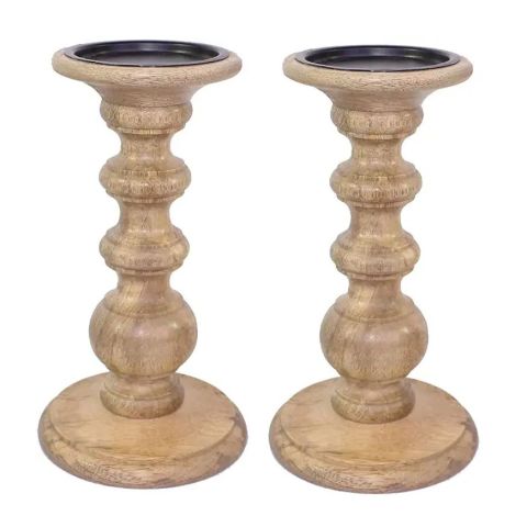 Hosley Set of 2, Country Style Natural Wooden Pillar Candle Holders