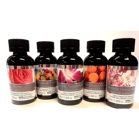 Hosley Set of 5, Assorted Fragrance Warming Oils 55 ml Each - Japanese Cherry Blossom, Tropical Fruit, Cranberry Mandarin, Exotic Sandalwood, Rose