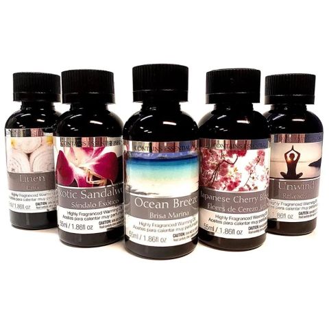 Hosley Set of 5 Assorted Fragrance Warming Oils 55 ml Each - Japanese Cherry Blossom, Exotic Sandalwood, Linen, Ocean Breeze, Unwind