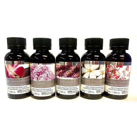 Hosley Set of 5, Assorted Fragrance Warming Oils 55 ml Each - Japanese Cherry Blossom Lavender, Exotic Sandalwood, Lilac, Lavender, Sweet Pea Jasmine
