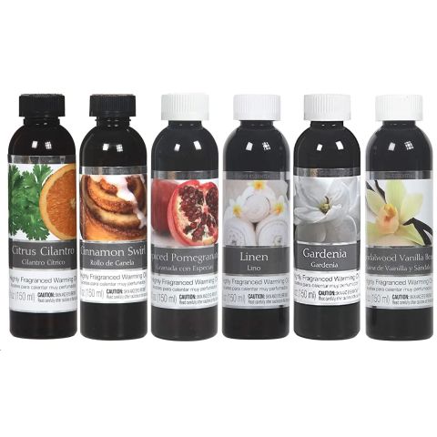 Hosley Set of 6, Assorted Fragrance Warming Oil 5 oz Each - Citrus Cilantro, Spiced Pomegranate, Cinnamon Swirl, Linen, Gardenia, Sandalwood Vanilla Bean