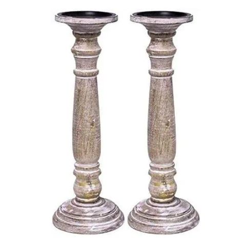 Hosley Set of 2, White Distressed Wooden Pillar Candle Holders 