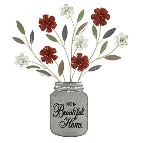 Hosley Red & White Flower Metal Dimensional Wall Art Vase- 24" High