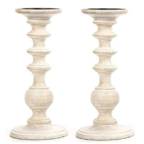 Hosley Set of 2, White Country Style Wooden Pillar Candle Holders - 11 Inch High