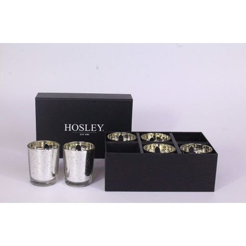 Hosley Set of 6, Assorted Fragrance Votive Candles in Silver Metallic Glass