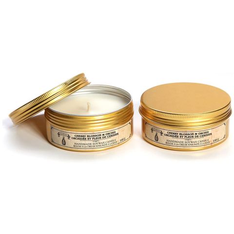 Hosley Set of 2, 3.88 oz. Soy Floral Cherry Blossom & Orchid Metal Travel Tin Filled Candle