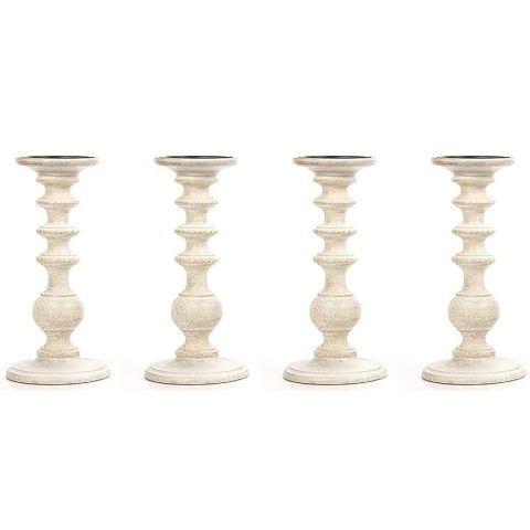 Hosley Set of 4, White Wooden Pillar Candle Holder Country Style - 11 Inch High