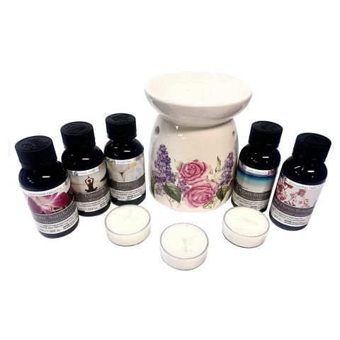 Hosley White Floral Ceramic Oil Warmer Gift Set