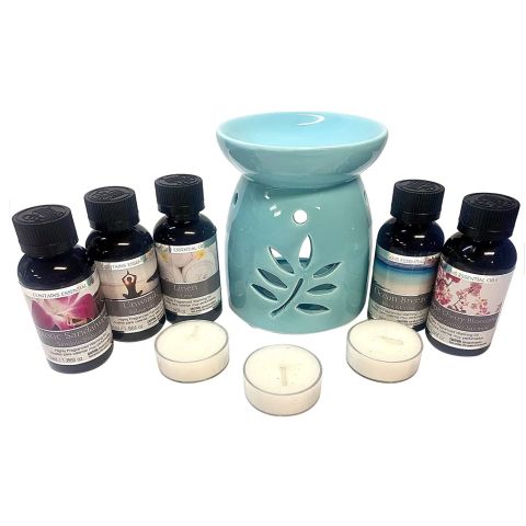 Hosley Blue Decorative Leaf Ceramic Oil Warmer Gift Set