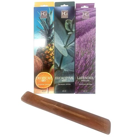 Hosley Set of 3, Assorted Incense Sticks with Holder - 40 Sticks of Each Fragrance - Tropical Mist, Lavender, & Eucalyptus Mint