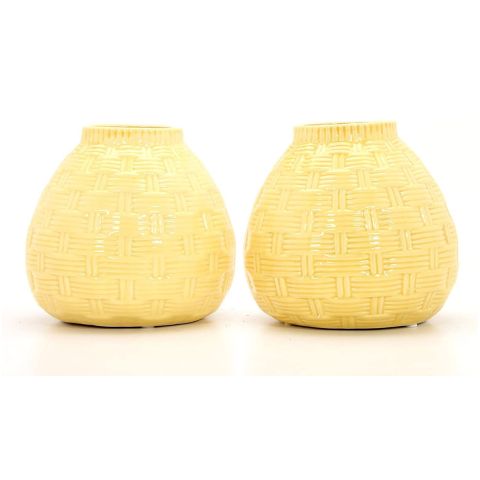 Hosley's Set of 2, Yellow Weaved Ceramic Bud Vases - 6.5" High