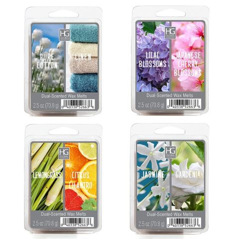 Hosley's Set of 4, Assorted Wax Cubes. Fragrances include: Jasmine / Gardenia, Lilac Blossoms / Japanese Cherry Blossom, Lemongrass / Citrus Cilantro, and Pure Cotton / Linen. USE: Thes