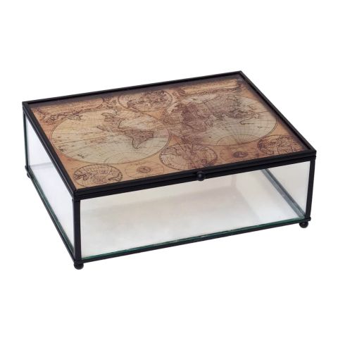 Hosley Tabletop Glass Globe Map Pattern Storage Box - 8.3" Long 
