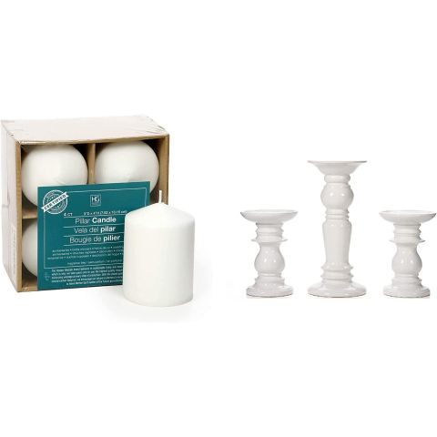Hosley Set of 4, 3x4" High White Unscented Pillar Candles & Set of 3 Ceramic White Pillar Candle Holders