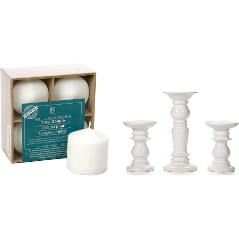Hosley's Set of 4, White Unscented Pillar Candles & Set of 3 White Ceramic Pillar Candle Holders