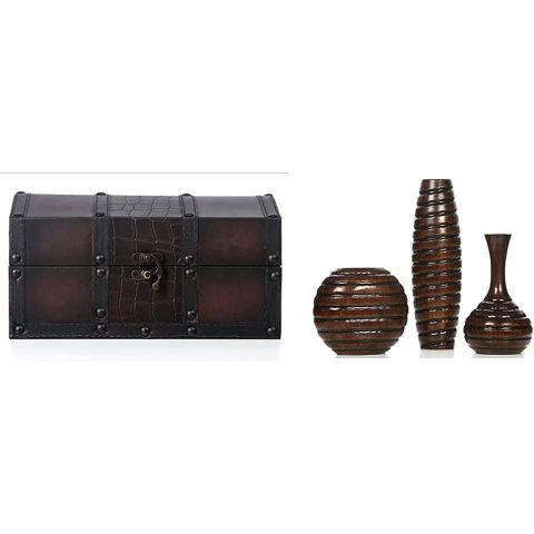 Hosley Decorative Wooden Storage Box with Faux Leather Clasp & 3 Assorted Carved Wood Vases