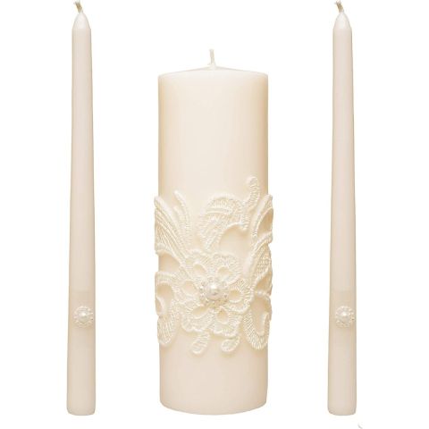 Hosley White Wedding Unity Candle, Set Includes: 1 Pillar and 2 Taper Candles
