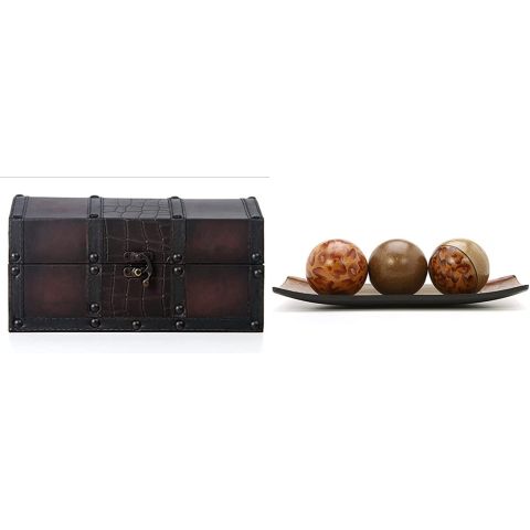 Hosley Decorative Wooden Storage Box with Faux Leather Clasp & Brown Decorative Bowl Tray and Orb Ball