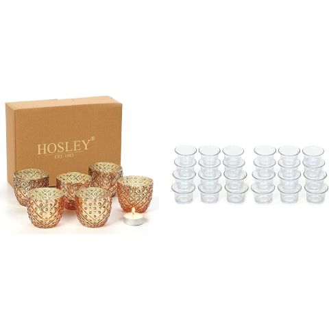 Hosley Set of 6 Antique Gold Speckled Metallic Glass Tealight Candle Holders & Hosley Set of 24 Clear Glass Oyster Tealight Holders