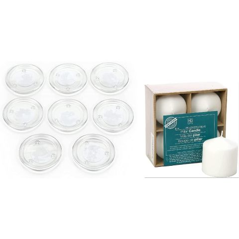 Hosley's Set of 8 Clear Glass Pillar Candle Plates & Set of 4 White Unscented Pillar Candles