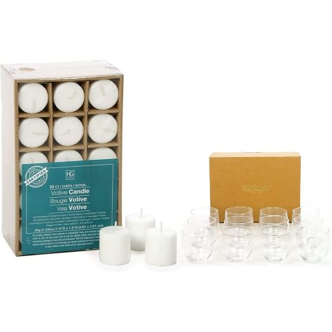 Hosley's Set of 30 Unscented White Votive Candles & Set of 12 Clear Glass Tealight Candle Holders