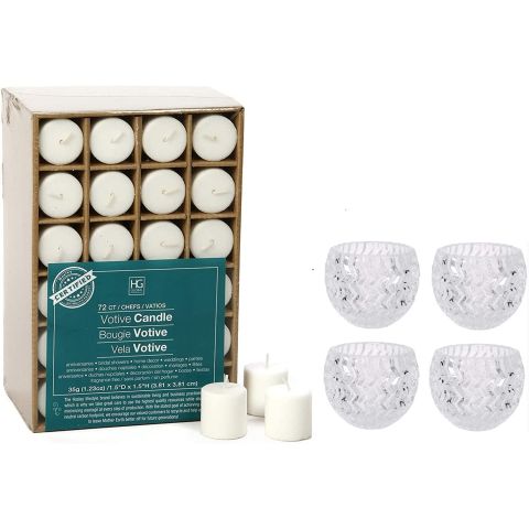Hosley’s Set of 72 White Unscented Votive Candles & Set of 4 Clear Glass Tealight Candle Holders 