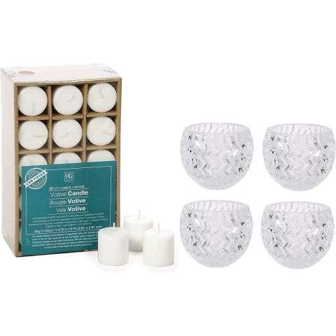 Hosley's Set of 30 Unscented White Votive Candles & Set of 4 Clear Glass Tealight Candle Holder
