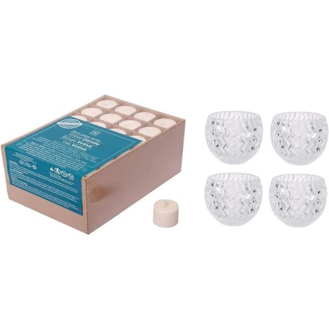 Hosley's Set of 72 Unscented Ivory Votive Candles & Hosley Set of 4 Clear Glass Tealight Candle Holder