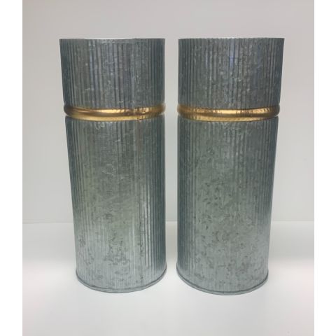 Hosley Set of 2 Galvanized Vases with Gold Rim