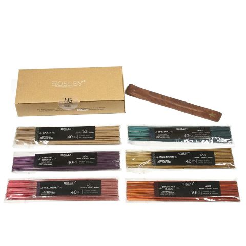 Hosley 240 Pack Assorted Fragrance Incense Sticks. Fragrances Include: Dragon's Blood, Earth, Full Moon, Sensual Therapy, Spiritual, & Wild-berry. Infused with Essential Oils.