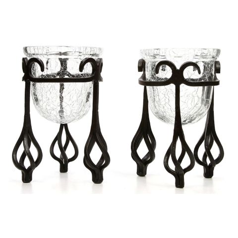 Hosley Set of 2, Farmhouse Spindle Candle Stand with Crackle Glass Votive Candle Holders