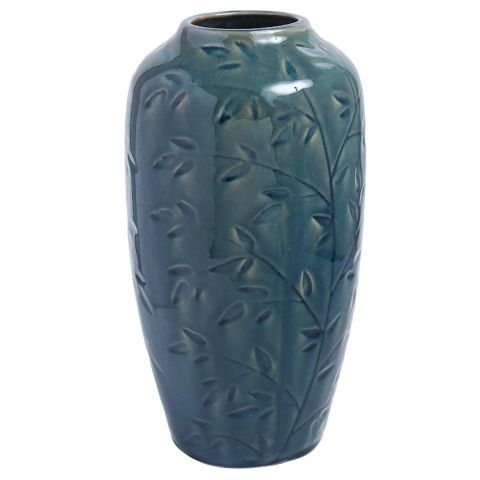 Hosley's Blue Ceramic Vase with Leaf Branch Designs