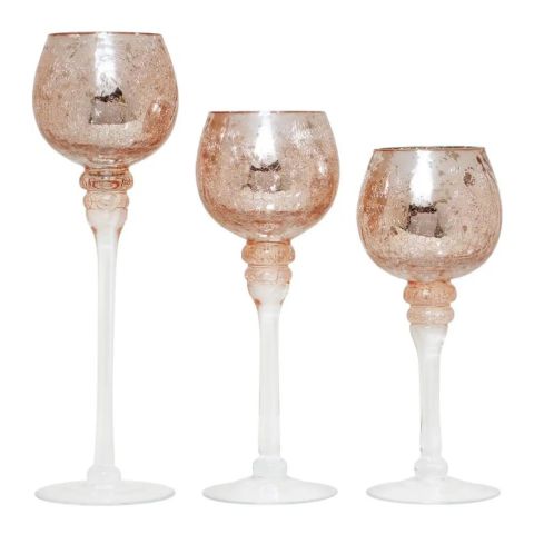 Hosley Set of 3, Rose Gold Crackle Glass Tealight Candle Holders