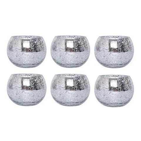 Hosley Set of 6, Silver Crackle Glass Tealight Candle Holders