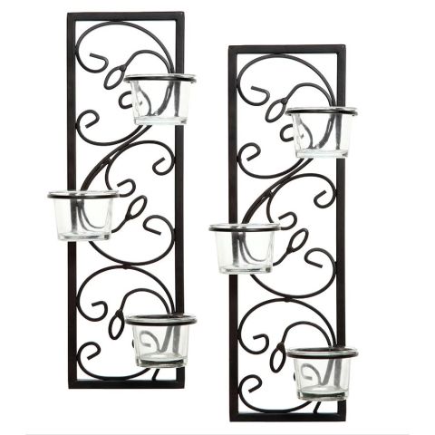 Hosley's Set of 2, 13.75" High Black Metal Tealight Wall Sconces